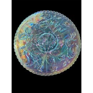 VINTAGE IMPERIAL OPEN ROSE ICE AZURE BLUE CARNIVAL GLASS PLATE